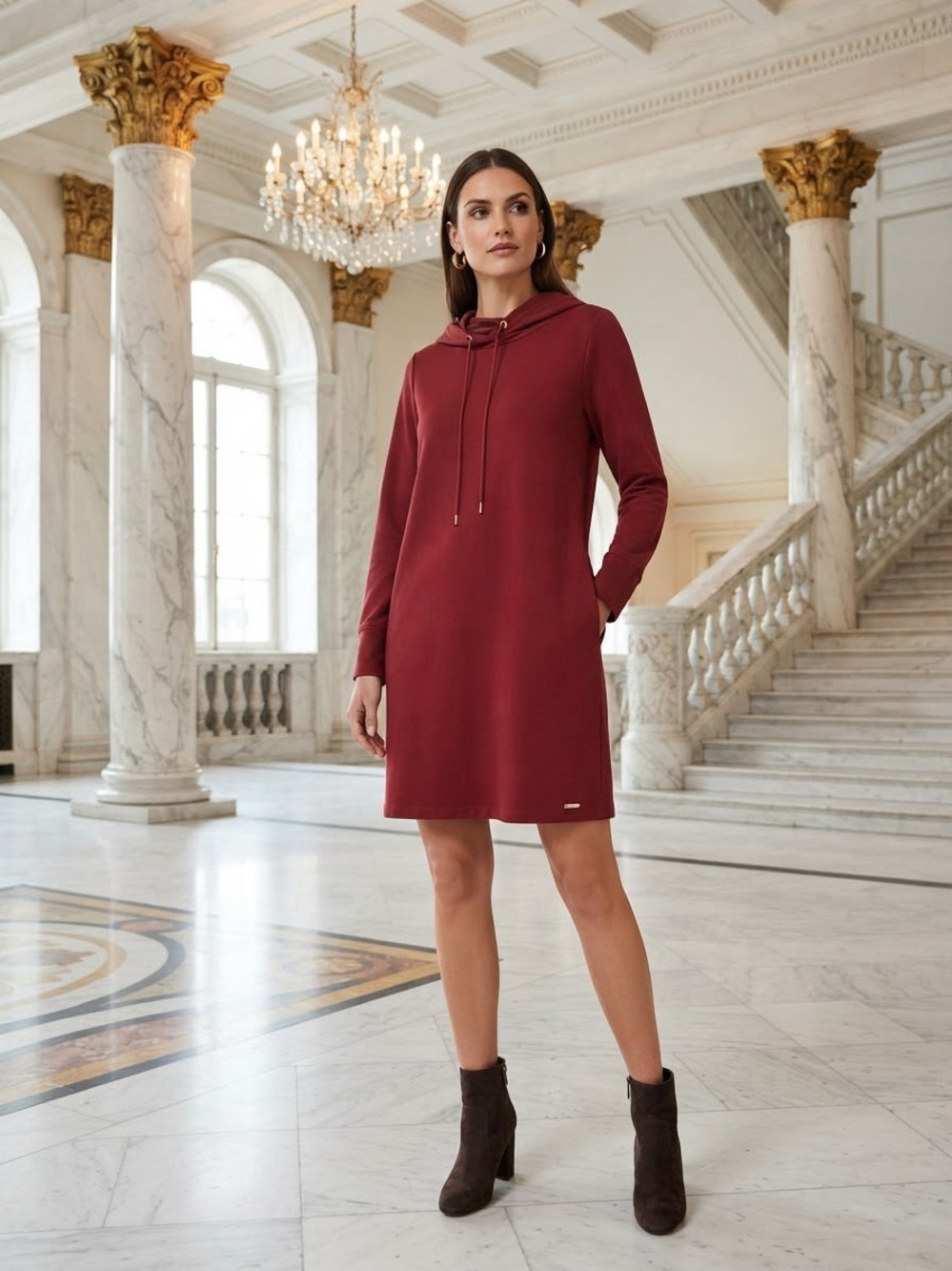 Calvin Klein Burgundy Long-Sleeve Hooded Shift Dress